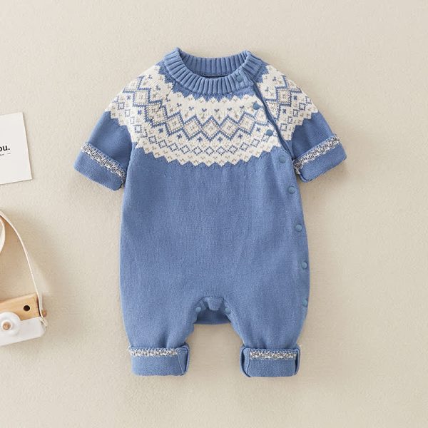 Baby Retro Diamond Blue Knitted Romper