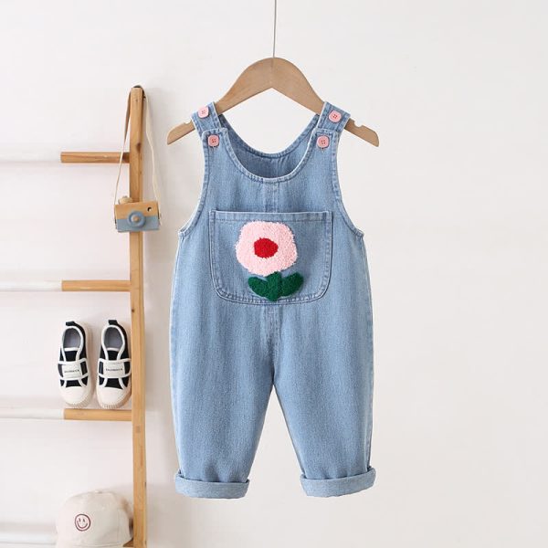 Toddler Embroidered Flower Pocket Denim Overalls