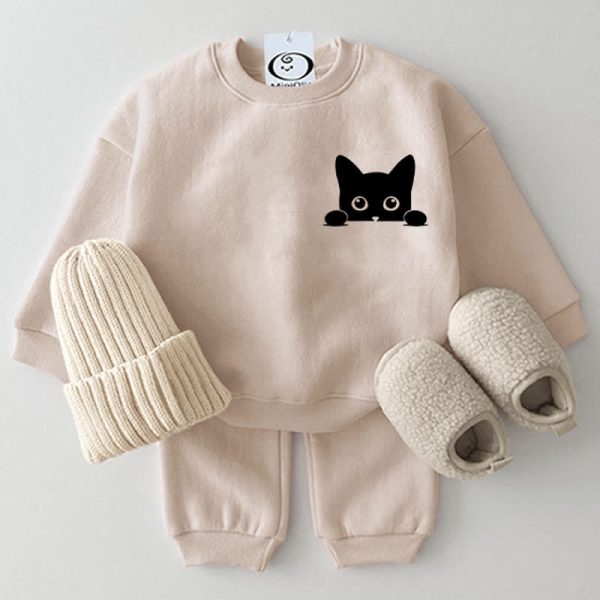 Baby Cute Black Cat Beige Sweatshirt 2-piece Set