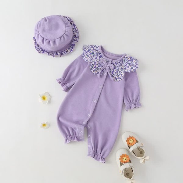 Baby Floral Collar Purple Romper with Hat