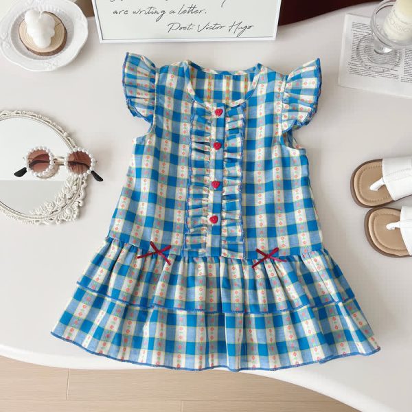 Toddler Blue Plaid Bows Heart Button Dress