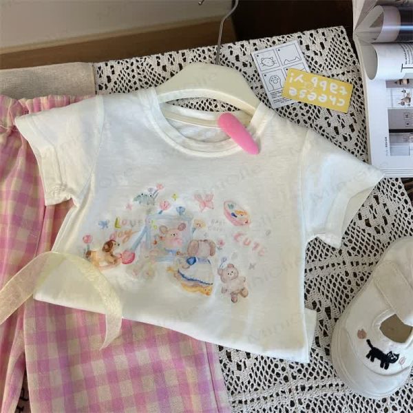 Toddler Cartoon Bear T-Shirt/Pink Plaid Pants