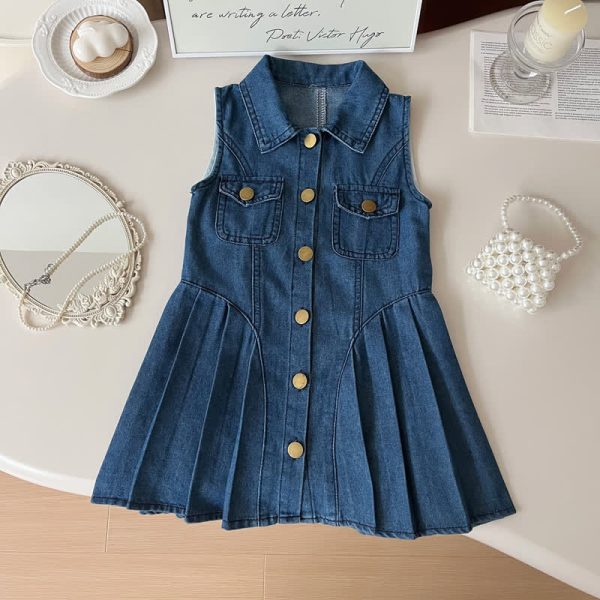 Toddler Denim Sleeveless Button Elegant Dress