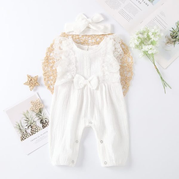 Baby Solid Color Lace Romper with Headband