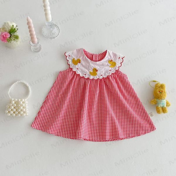 Baby Embroidered Duck Plaid Sleeveless Dress