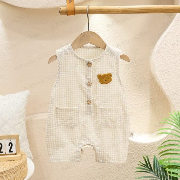 Baby Bear Plaid Pocket Sleeveless Romper