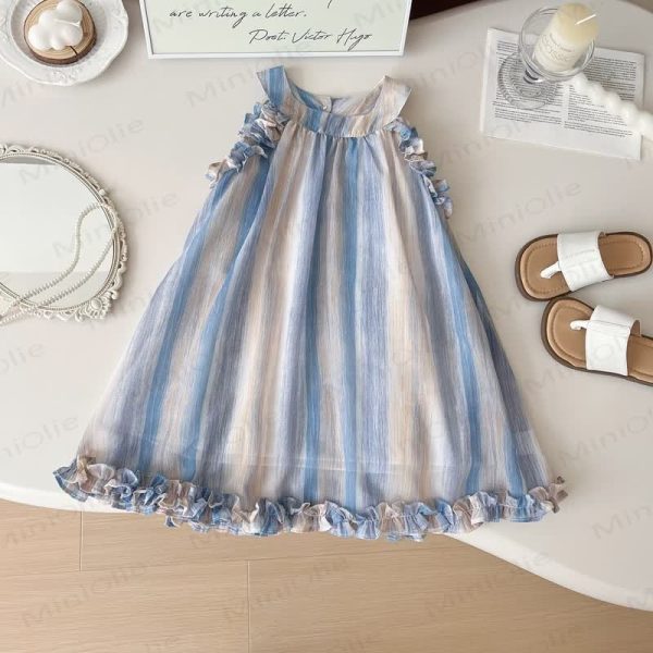 Toddler Sleeveless Blue Striped Pleated Lace Dress