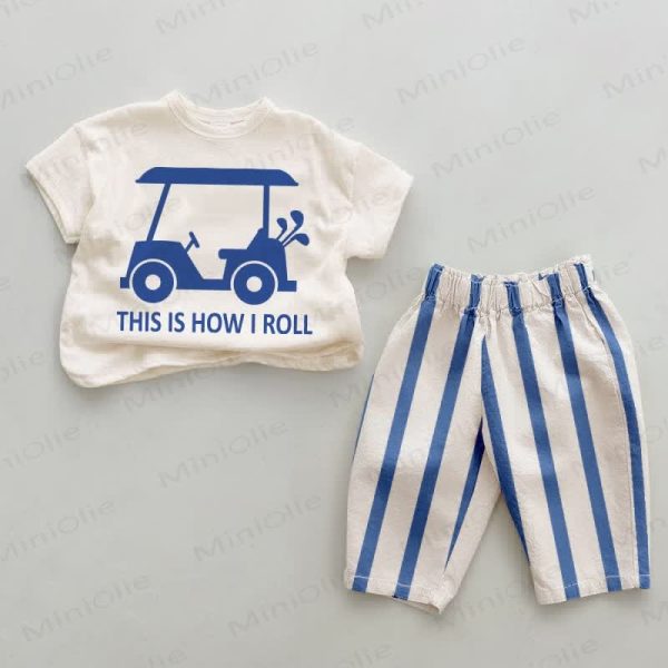 THIS IS HOW I ROLL Baby Golf Cart Blue Vertical Striped 2-piece Set