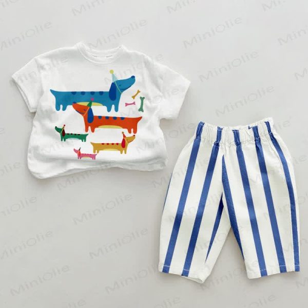 Baby Dachshund Blue Vertical Striped 2-piece Set