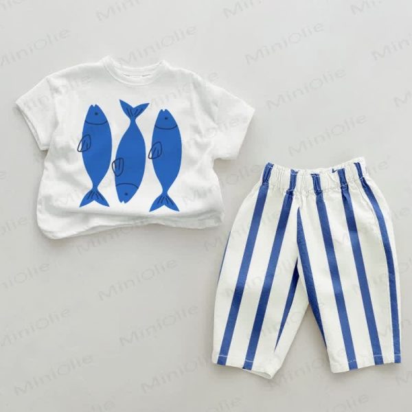 Baby Fishes Blue Vertical Striped 2-piece Set