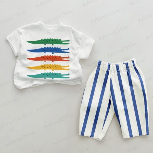 Baby Colored Alligator Blue Vertical Striped 2-piece Set