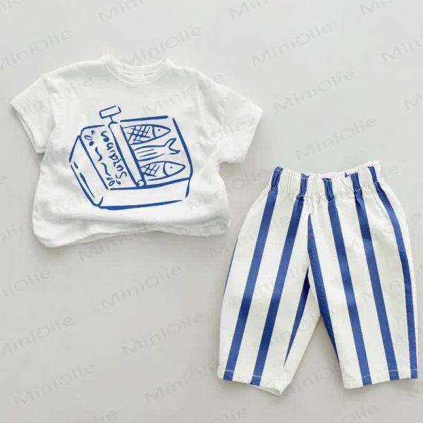 Baby Canned Sardines Blue Vertical Striped 2-piece Set