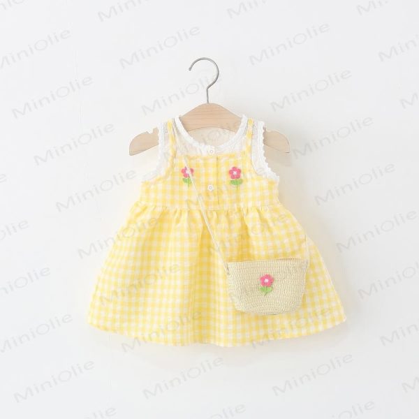 Baby Yellow Plaid Flower Dress with Bag