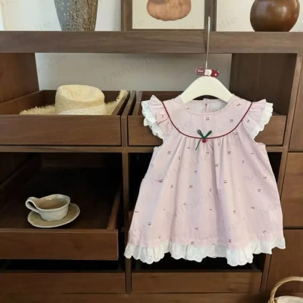 Toddler Girl Pink Striped Cherry Dress