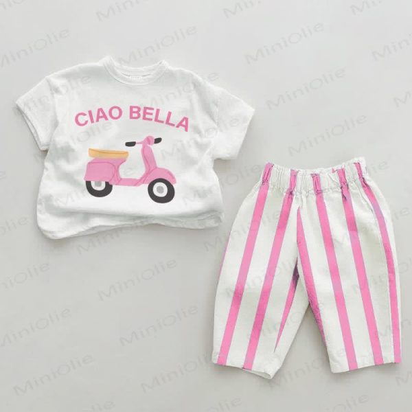 CIAO BELLA Baby Motorcycle Pink Vertical Striped 2-piece Set