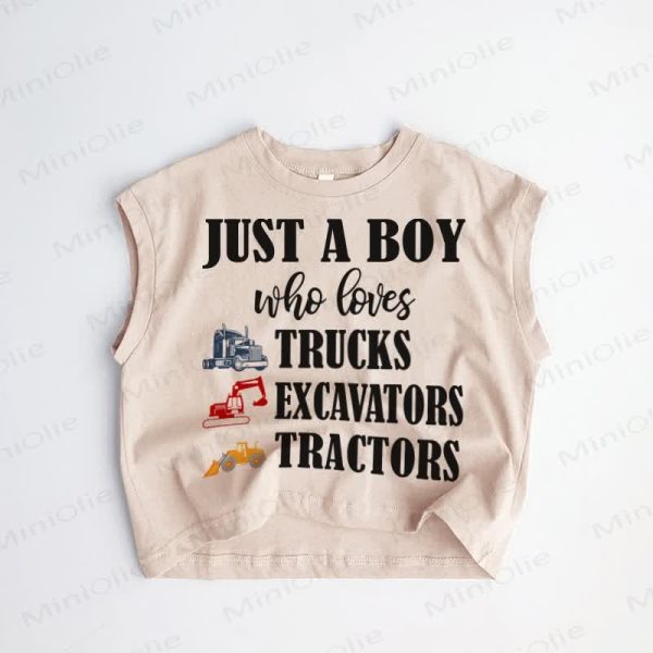 JUST A BOY WHO LOVES TRUCKS EXCAVATORS TRACTORS Baby Toddler Khaki Tank Top
