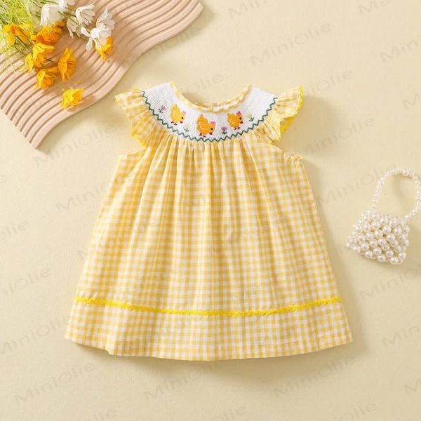 Toddler Embroidered Chicken Yellow Plaid Dress