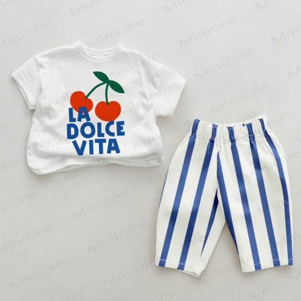 LA DOLCE VITA Baby Cherry Blue Vertical Striped 2-piece Set