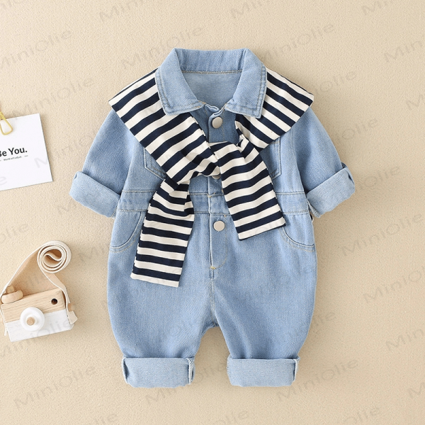 Baby Blue Denim Romper with Striped Shawl
