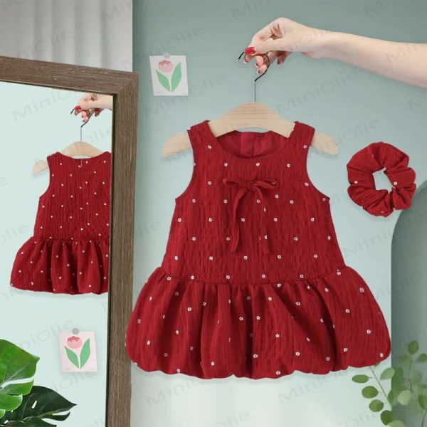 Baby Red Flower Sleeveless Dress with Hair Tie