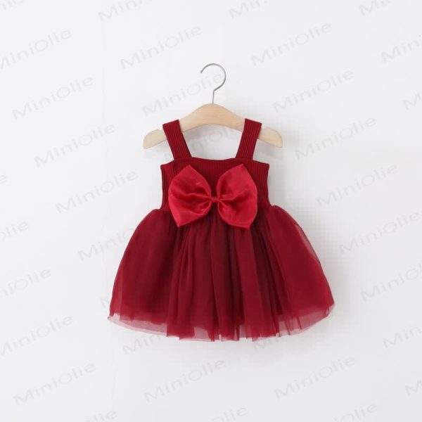 Toddler Solid Color 3D Bow Suspenders Dress