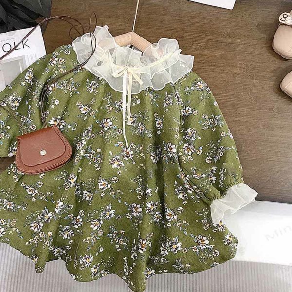 Toddler Green Flower Corduroy Dress