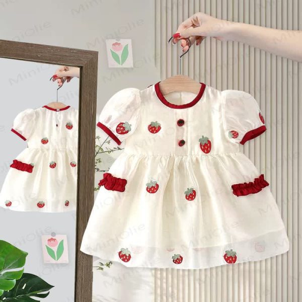 Baby Embroidered Strawberry Cherry Beige Dress