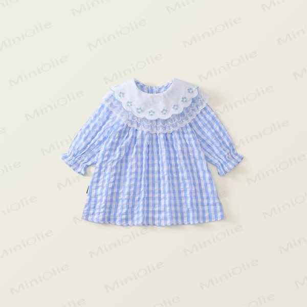Toddler Blue Plaid Flower Lace Lapels Dress