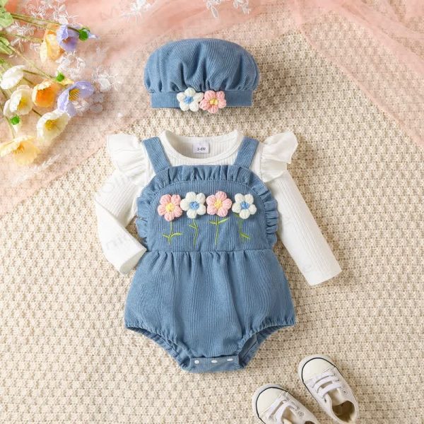 Baby Flower Corduroy Bodysuit with Hat