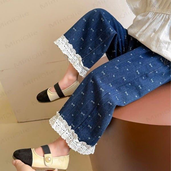 Baby Toddler Girl Bow Lace Printed Denim Pants