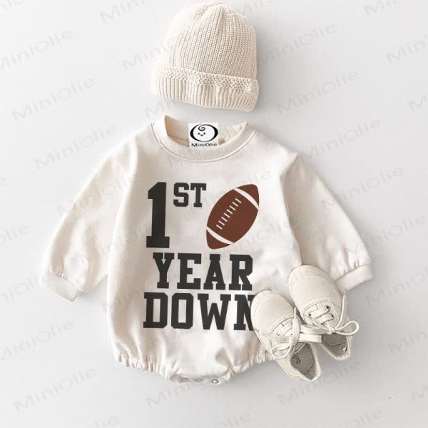 1ST YEAR DOWN Baby Rugby Football White Bodysuit