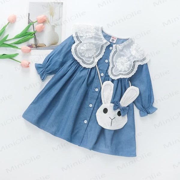Toddler Girl Lace Collar Dress with Rabbit Bag