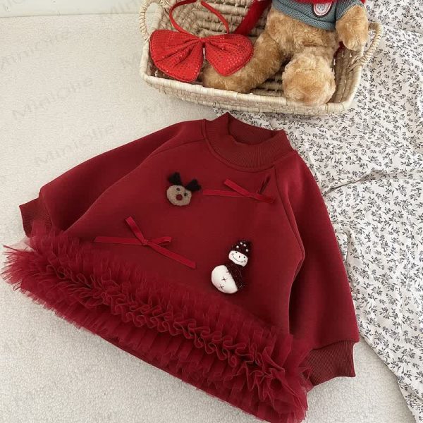 Christmas Snowman Deer Bow Long Sleeve Mid-long Dress