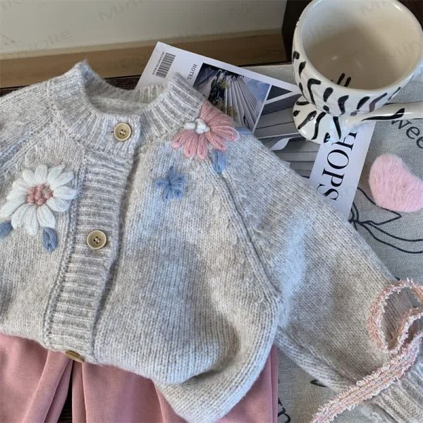Toddler Kid Girl Flower Knitted Grey Sweater/Leggings