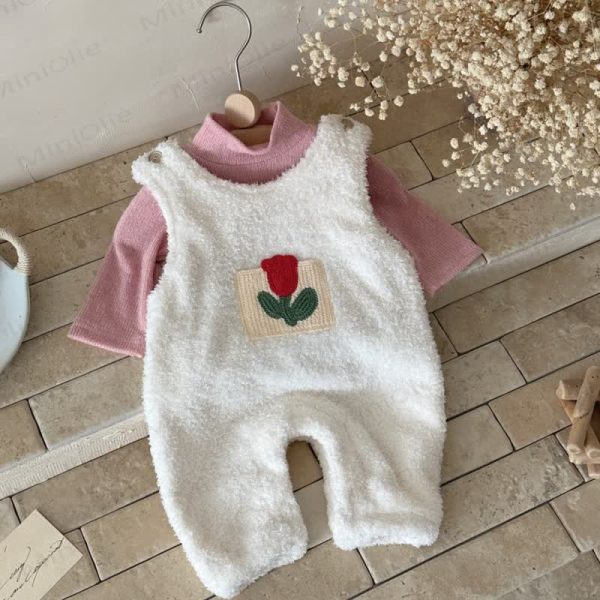 Baby Girl Flower Fleece 2-piece White Romper Set