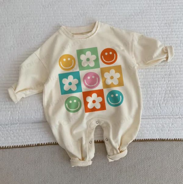Baby Colorful Flower & Smiley Face Beige Romper