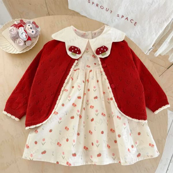 Toddler Girl Mushroom Strawberry Red Knitted Cardigan/Beige Dress