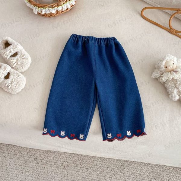 Baby Toddler Embroidered Bunny Bow Fleece Denim Pants
