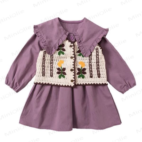Toddler Girls Flower Ruffles Purple Cord Dress