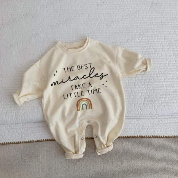 THE BEST MIRACLES TAKE A LITTLE TIME Baby Beige Romper