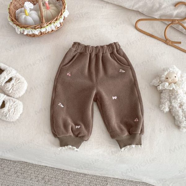 Baby Toddler Girl Embroidered Bow Rabbit Fleece Jogger Pants