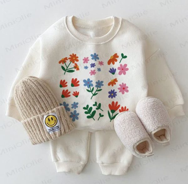 Baby Lovely Flowers Sweatshirt 2-piece White Set