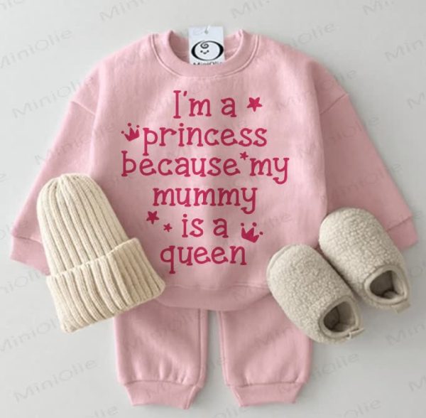 I'M A PRINCESS BECAUSE MY MUMMY IS A QUEEN Baby Sweatshirt 2-piece Pink Set