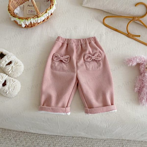 Baby Toddler Girl Bow Cord Fleece Lined Pants