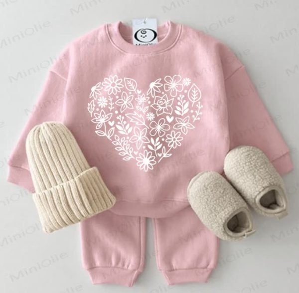Baby Flower Heart Sweatshirt 2-piece Pink Set