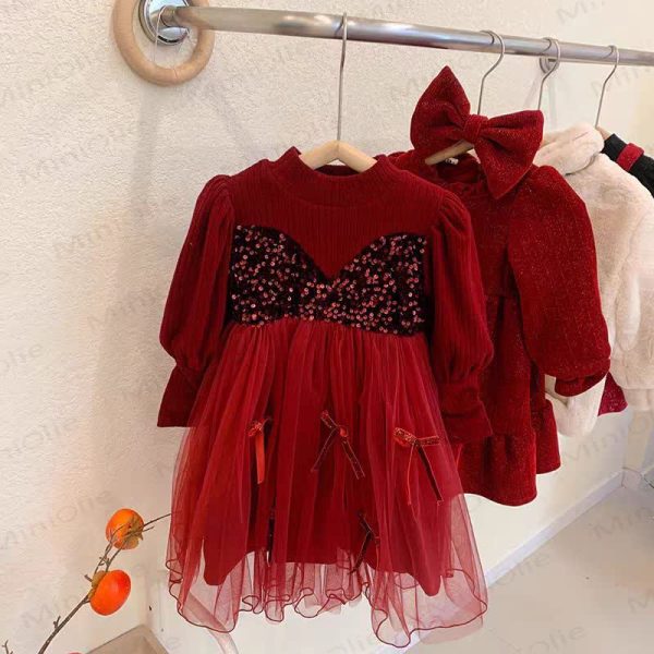 Toddler Girl Bow Sequins Mesh Dress