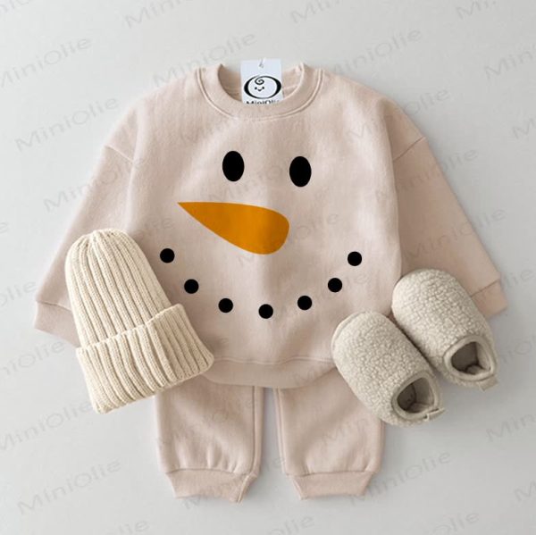 Baby Snowman Face Sweatshirt 2-piece Beige Set