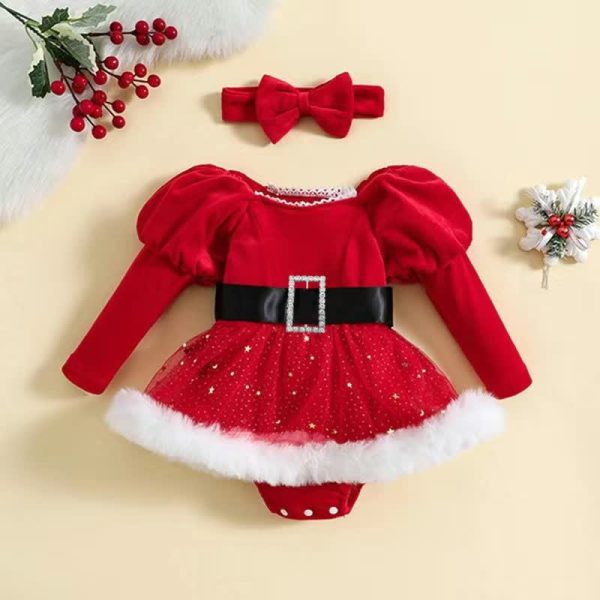 Baby Christmas Belt Skirted Bodysuit with Headband