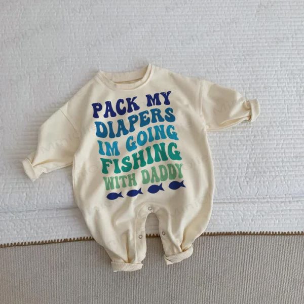 PACK MY DIAPERS IM GOING FISHING WITH DADDY Baby Beige Romper