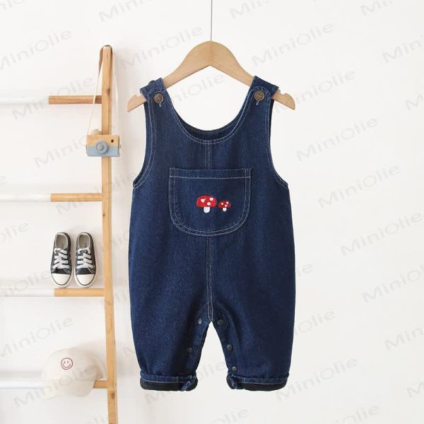 Baby Toddler Mushroom Denim Fleece Lined Overalls